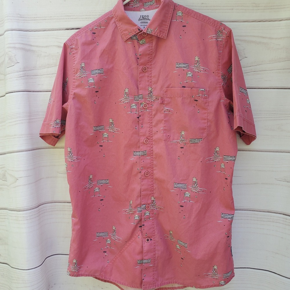 Izod Saltwater Performance vented Mens Small Salmon Pink BeachPrintFishing Shirt - Picture 2 of 8